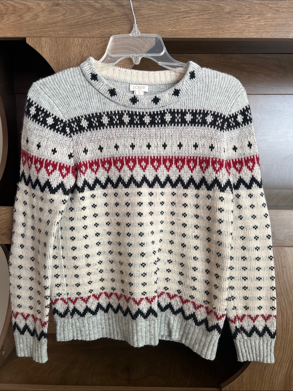 J. Crew Cream Fair Isle Wool-Blend Crewneck with Black & Red Accents